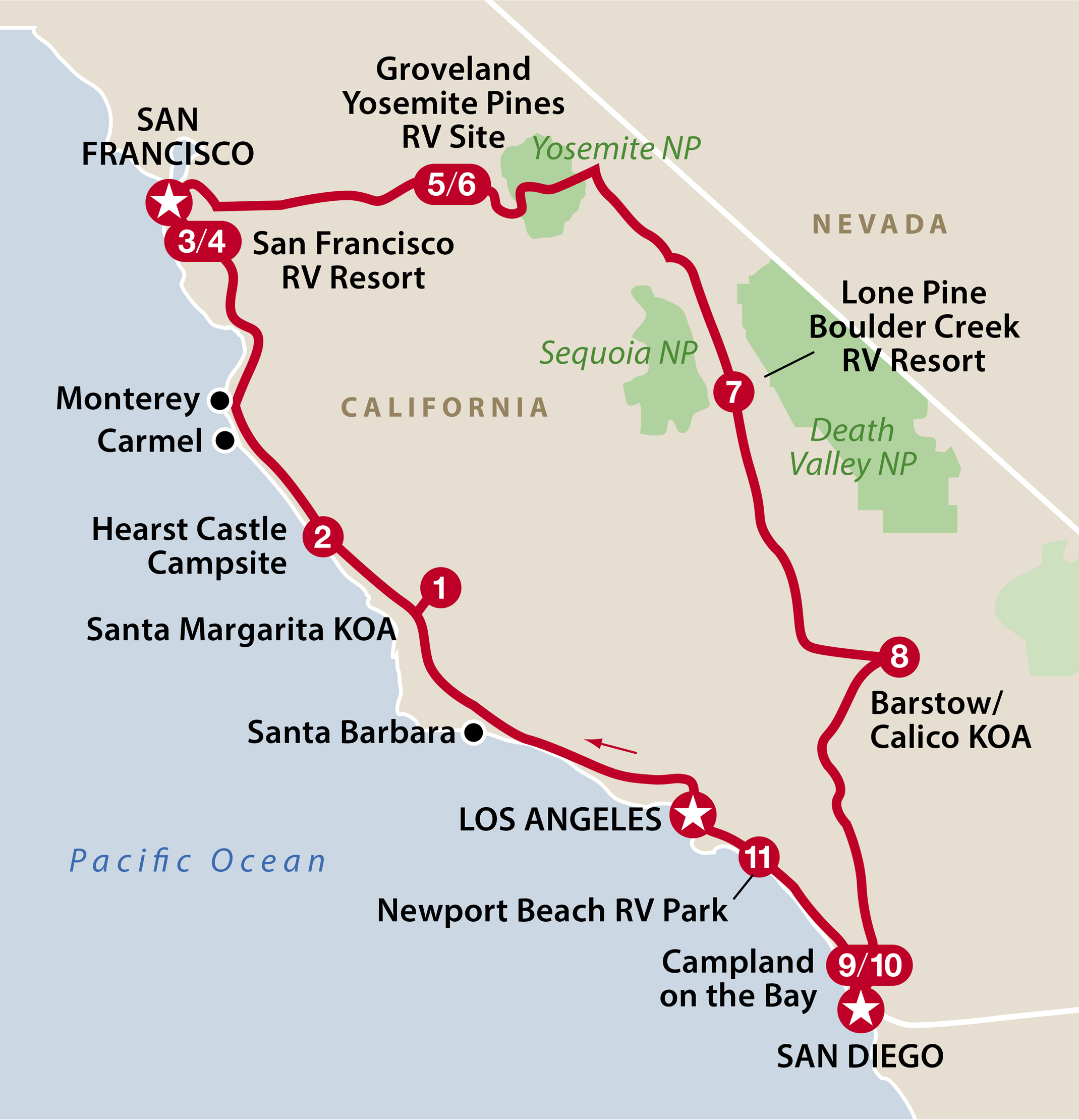 Mapa ruta Southern California Highlights